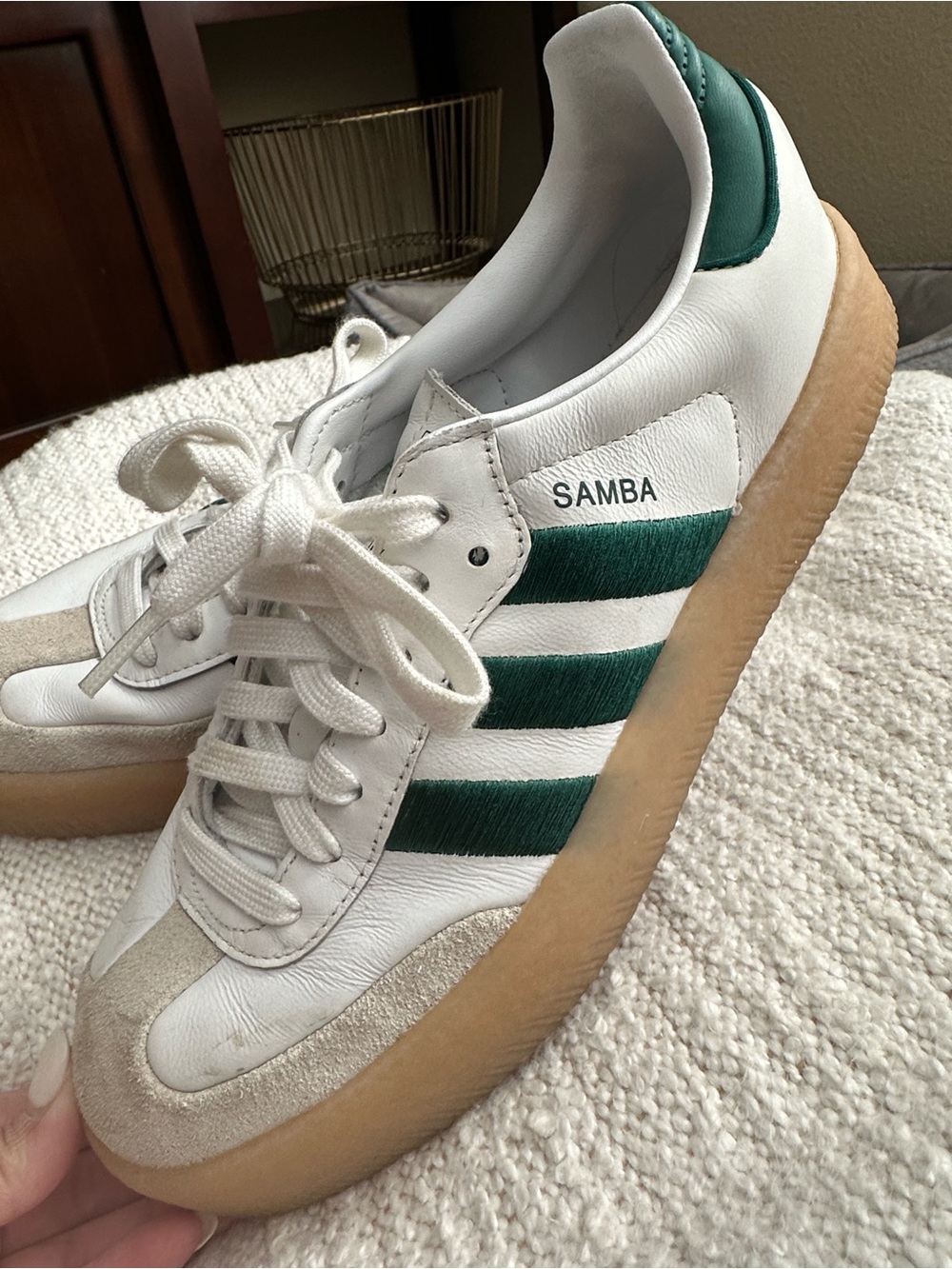 adidas Samba Women’s Sneaker in White with Dark Green stripes - Picture 3 of 6